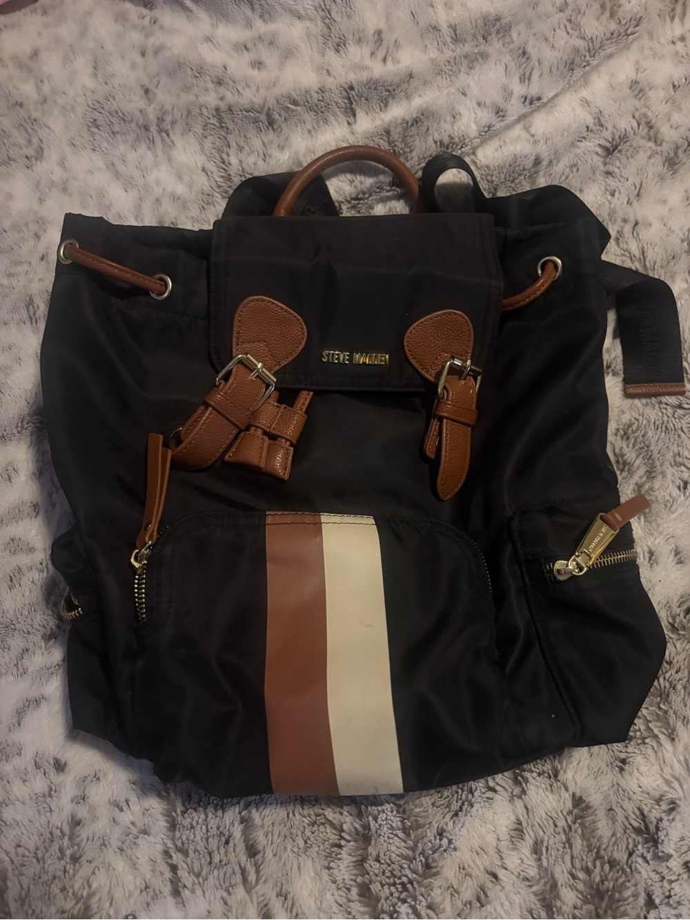 Steve Madden Black Backpack with Brown and Cream Stripes